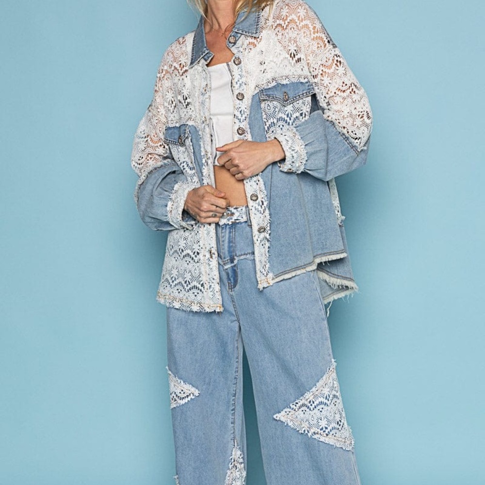 POL Denim/Lace  Oversized Shacket - Picture 3 of 6